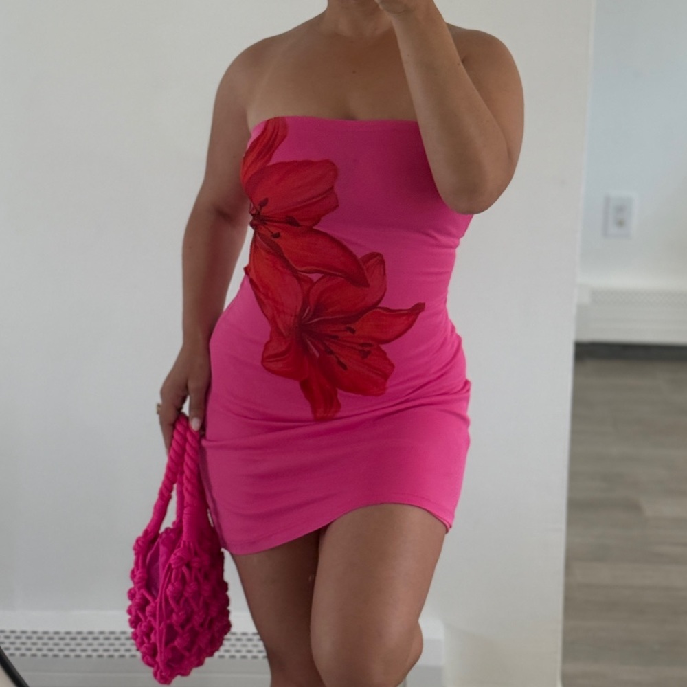 Pink Floral Strapless Dress
